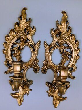 Vintage 1962 SYROCO Molded Resin Gold Tone Candleholder Wall Sconces - Set of 2
